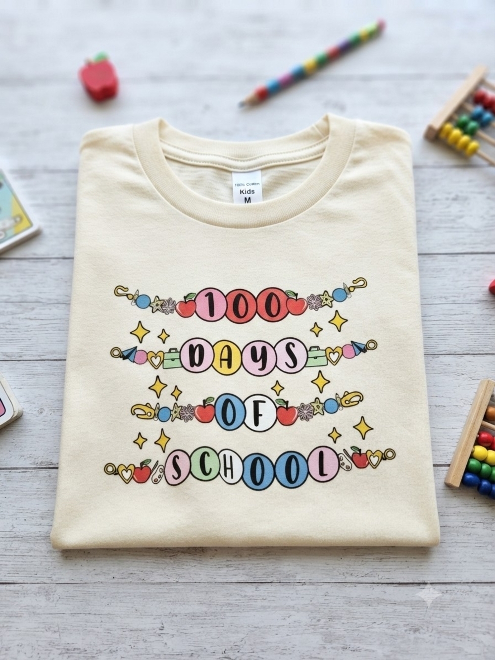 Kids Cream '100 Days of School' Kids Short Sleeve Tee, Youth Sz-M6-8, NWOT